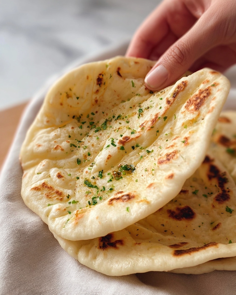 A close-up of a soft, folded flatbread with a light golden-brown surface showing slight charred spots. The flatbread is thin and slightly puffed, with small green herb pieces and a sprinkle of seasoning spread unevenly on top. A woman's hand gently holds one side of the flatbread, lifting it slightly to reveal its texture and freshness. The background is softly blurred with a white marbled texture beneath the flatbread for a clean look. photo taken with an iphone --ar 4:5 --v 7