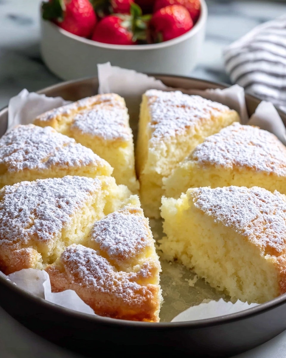 A round soft cake cut into 12 pieces, each piece showing a fluffy, light yellow texture with a golden brown top. The cake is dusted with a fine layer of white powdered sugar forming a soft, snowy layer on top. It rests in a white paper liner inside a dark round pan, placed on a white marbled surface. In the background, a white bowl holding bright red strawberries is partially visible, adding a contrast of color. photo taken with an iphone --ar 4:5 --v 7