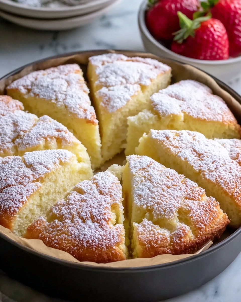 The image shows a round cake cut into twelve triangle pieces inside a dark round pan lined with paper. The cake has a golden brown top with a soft, fluffy texture visible under a dusting of white powdered sugar. The cake pieces are thick, with a light yellow interior and a slightly crisp, uneven top crust. In the background, there is a white bowl with three large red strawberries. The whole scene is set on a white marbled texture surface. photo taken with an iphone --ar 4:5 --v 7