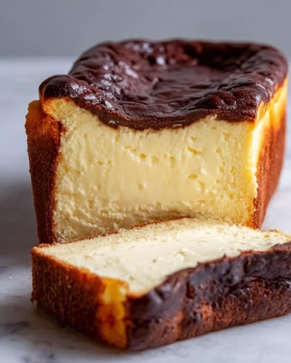 The image shows a slice of cheesecake placed in front of the larger remaining cake, both resting on a wooden board. The cheesecake has two main layers: a dark brown, smooth, slightly wrinkled top layer that looks baked, and a thick, creamy, light yellow bottom layer with a soft, slightly crumbly texture. The sides of the cheesecake are the same dark brown color as the top, forming a thin crust around the creamy center. The background is a white marbled texture. photo taken with an iphone --ar 4:5 --v 7