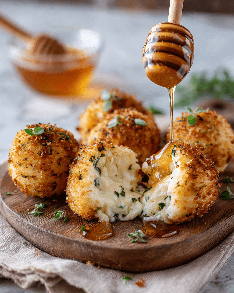 The image shows five golden brown, crispy fried cheese balls on a small wooden board, placed on a beige cloth over a white marbled surface. One cheese ball is broken open, revealing a soft, creamy white cheese mixed with herbs inside. Honey is being drizzled over the broken cheese ball from a wooden dipper held by a woman's hand above. Small green herb leaves are scattered on top of the cheese balls and on the board. In the blurred background, a glass bowl of amber honey with a wooden dipper rests. photo taken with an iphone --ar 4:5 --v 7