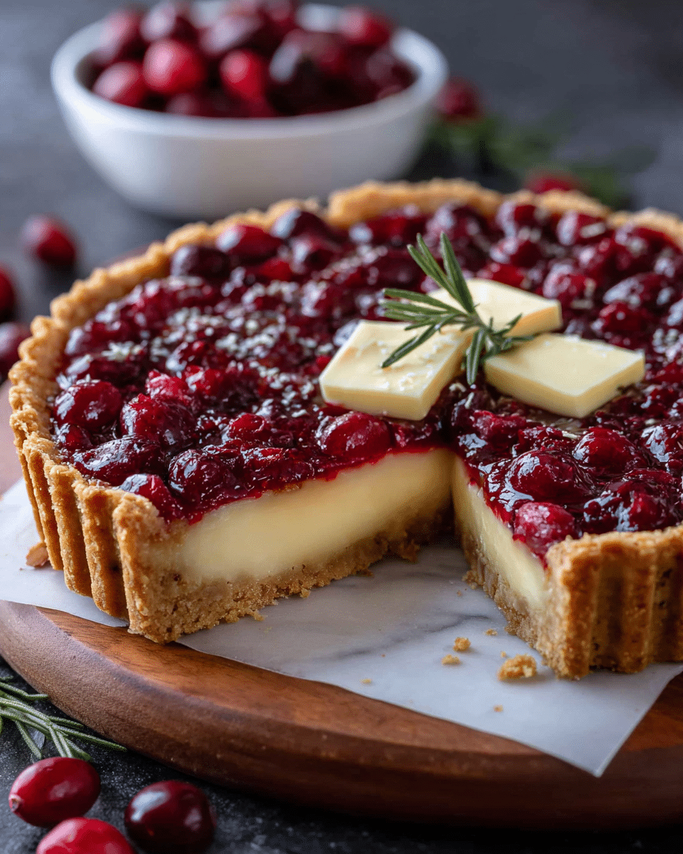 A tart with three visible layers: the bottom crust is golden brown, thick, and crumbly, holding a smooth, creamy pale yellow filling. The top layer has shiny, dark red cranberries mixed with a glossy syrup, sprinkled lightly with white sugar or grated zest. On top, there are two small rectangular pieces of butter with a small green rosemary sprig between them. The tart sits on a wooden board, with a single cranberry and a rosemary sprig next to it. In the blurry background, there is a black bowl filled with more dark red cranberries, all on a white marbled surface. photo taken with an iphone --ar 4:5 --v 7