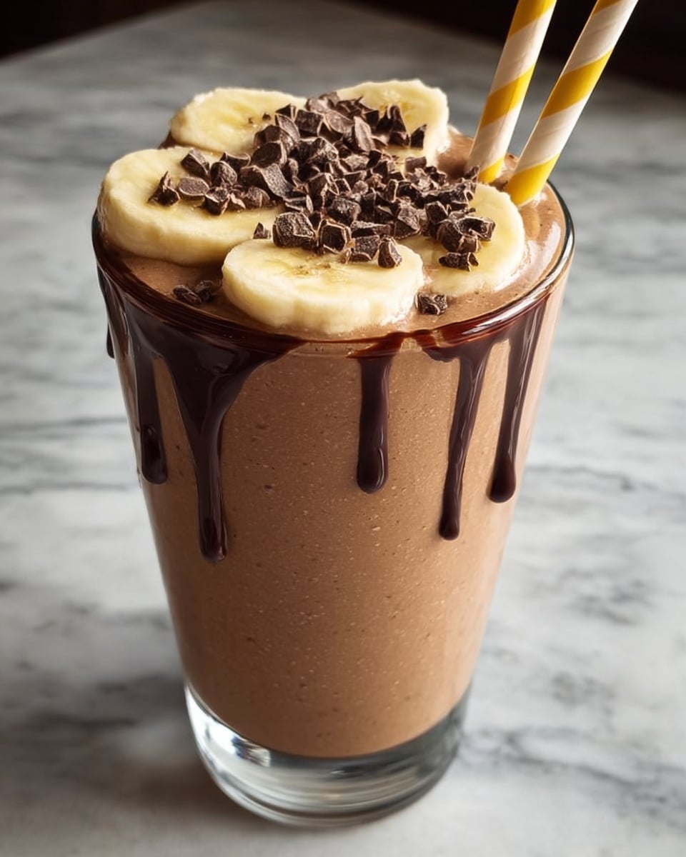 A tall clear glass filled with three layers, the bottom two layers being a thick smooth light brown milkshake, topped with a layer of sliced banana rounds that are pale yellow with soft edges; dark chocolate drizzle runs down from the rim creating thick shiny streaks on the glass, and small chopped dark chocolate pieces are scattered on top of the bananas; two white straws with orange stripes are inserted into the drink from the right side. The glass sits on a white marbled surface. Photo taken with an iphone --ar 4:5 --v 7