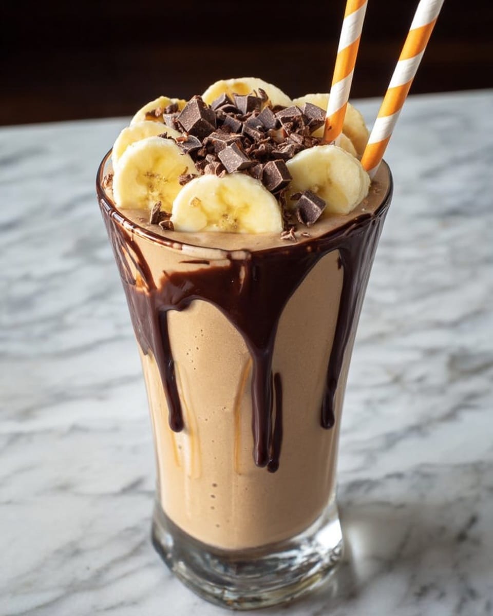 A thick chocolate smoothie fills a clear glass almost to the top, with a smooth light brown texture. On top, there is a layer of banana slices arranged close together with small dark chocolate pieces scattered over them. Thick dark chocolate syrup drips down the sides of the glass from the top, adding a glossy texture. Two striped paper straws are placed in the smoothie, leaning to the right. The background shows a white marbled surface. photo taken with an iphone --ar 4:5 --v 7