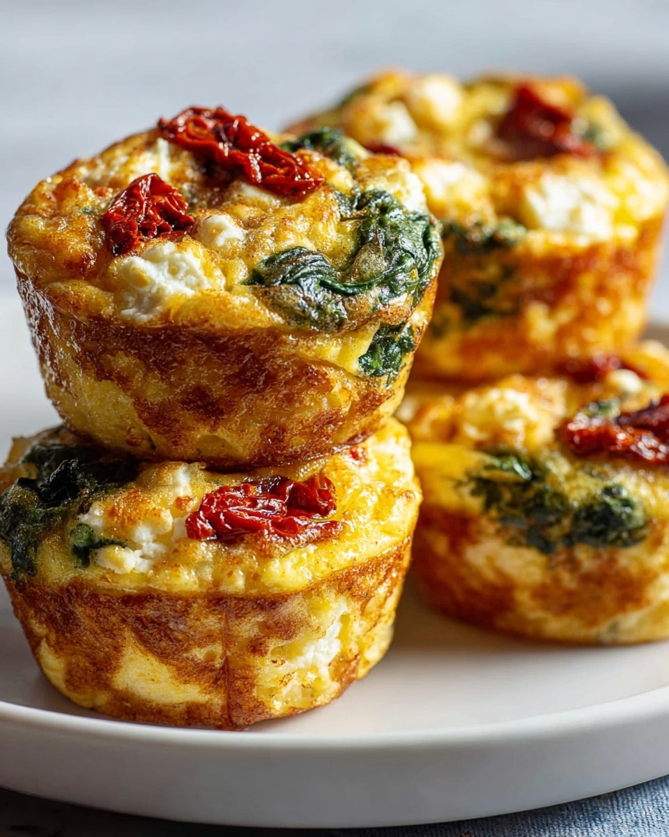 A close-up shows four small baked egg muffins stacked on a white plate set on a white marbled texture. Each muffin has a golden-brown crust with visible layers of cooked eggs mixed with green spinach pieces and white cheese chunks inside. On top of the muffins are bright red dried tomato slices adding a pop of color and slight texture contrast. The muffins look fluffy yet slightly crispy on the outside, with a soft inside full of mixed ingredients. The lighting highlights the rich colors and details of the muffins, making them look fresh and tasty. photo taken with an iphone --ar 4:5 --v 7