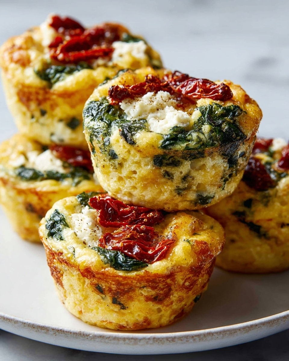A close-up view of four egg muffins stacked on a white plate with a white marbled textured surface under it; each muffin has a golden-brown crust and is filled with three visible layers: a light yellow egg base with soft, bumpy texture, dark green spinach leaves spread throughout, and small chunks of white cheese mixed inside; on top of each muffin are pieces of sun-dried tomatoes in a rich red shade, slightly wrinkled and glossy; the muffins have a slightly rough exterior with browned spots from baking, arranged to show their round shape and dense but moist interiors. photo taken with an iphone --ar 4:5 --v 7