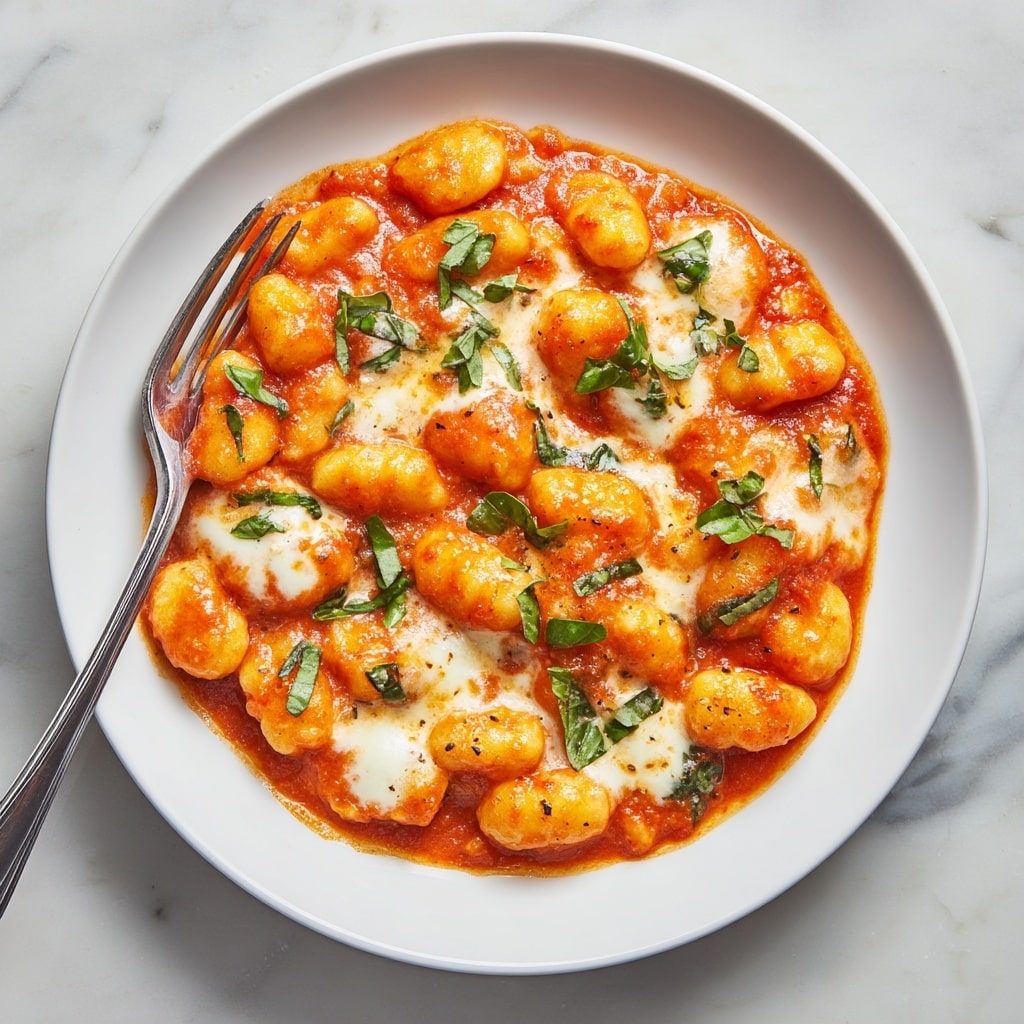 A round dish shows a thick layer of bright red tomato sauce with some roasted cherry tomatoes scattered on top, creating a slightly chunky texture. Covering part of the sauce is a smooth, light golden melted cheese layer with small browned spots, giving it a slightly baked look. Fresh green basil leaves are placed on the cheese and sauce for a pop of color. The dish is in a white pan with one side of its handle visible. The background has a white marbled texture with a bunch of fresh red cherry tomatoes off to the side. A spoon is scooping up some of the saucy, chunky mix from the bottom right. photo taken with an iphone --ar 4:5 --v 7