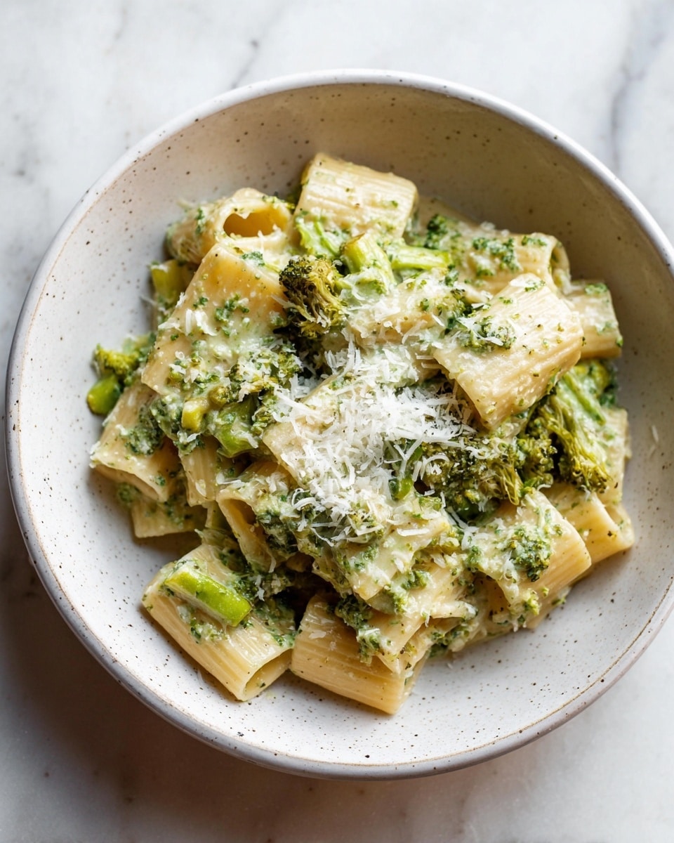 This image shows a bowl of rigatoni pasta with a creamy green sauce and grated cheese on top. The pasta pieces are large, tube-shaped, and pale yellow. The sauce is mixed with small pieces of green vegetables, likely broccoli or similar greens, spread evenly over the pasta. The grated cheese is white and lightly sprinkled in the center, adding texture. The dish is served in a white speckled bowl placed on a white marbled surface. The overall look is fresh and inviting with a soft, natural color palette. photo taken with an iphone --ar 4:5 --v 7