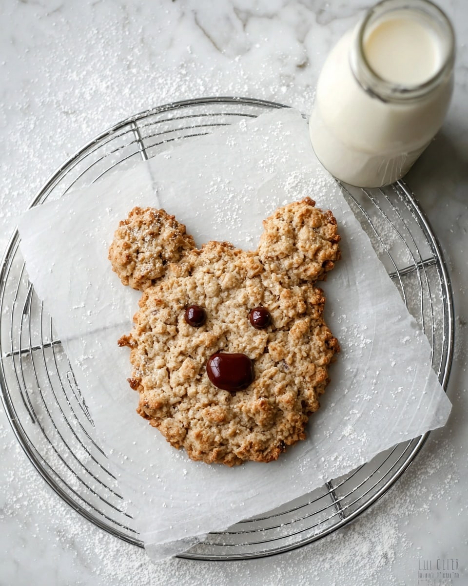 A single large oatmeal cookie shaped like a bear's face rests on a sheet of parchment paper on top of a silver cooling rack, which is placed on a white marbled surface dusted with powdered sugar. The cookie has a rough, crumbly texture with two smaller round cookies positioned as ears on top. The bear's facial features include two small chocolate dots for eyes and a larger chocolate shape for the nose and mouth area in the center. To the right of the cookie, there is a white bottle of milk with some milk drops on the parchment paper. photo taken with an iphone --ar 4:5 --v 7