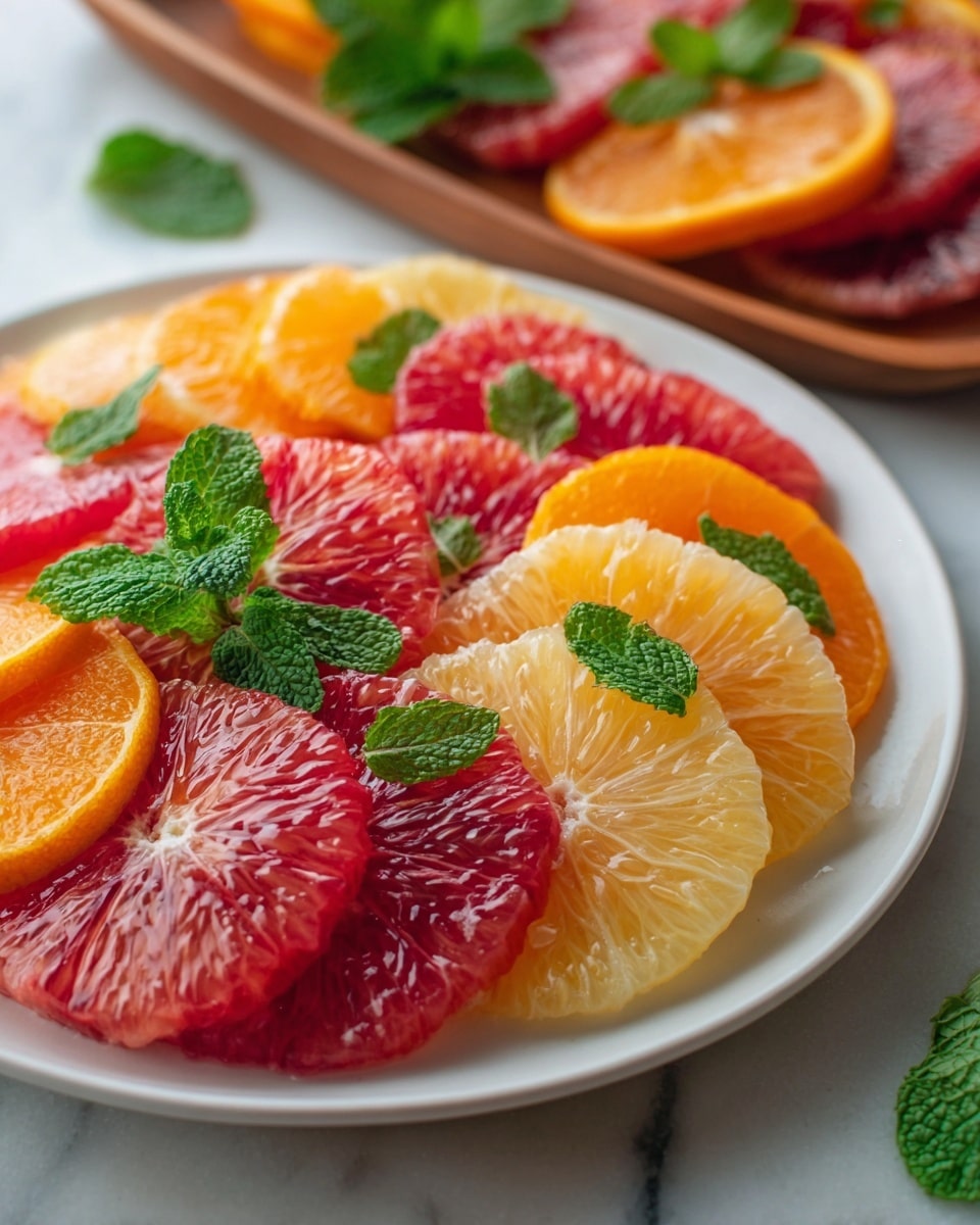 A white round plate filled with 3 layers of citrus fruit slices arranged in an overlapping circular pattern: the bottom layer has pale yellow slices, the middle layer has bright orange slices, and the top layer has deep red and pink slices, each slice showing juicy, translucent texture. Small green mint leaves are scattered on top, adding a fresh touch. The white marbled surface underneath complements the bright colors. In the background, part of a wooden tray holds more fruit slices with green mint leaves. Photo taken with an iphone --ar 4:5 --v 7