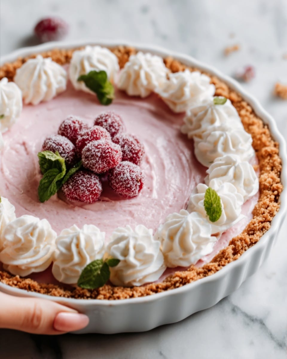 The image shows a creamy pink pie with a crumbly brown crust in a white dish. The pie has a smooth and thick pink filling layered evenly inside the crust. On top, there are small white whipped cream swirls placed around the edge, and a few green mint leaves are used as decoration. In the center, there is a cluster of red and purple sugared berries that add a frosty texture. The pie sits on a white marbled surface. photo taken with an iphone --ar 4:5 --v 7
