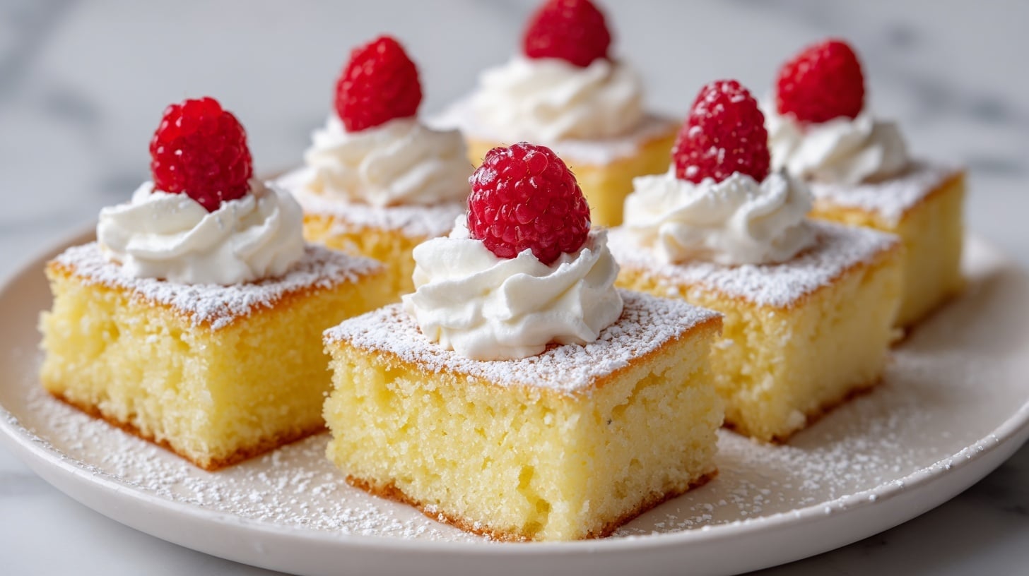 The image shows several square pieces of light yellow cake with a soft texture, each topped with a thick layer of white whipped cream. On top of the whipped cream, there is one red raspberry on each piece. The cake edges are cleanly cut, and the tops are dusted with a thin layer of white powdered sugar. The cake squares are placed on a round white plate on a white marbled surface. Photo taken with an iphone --ar 4:5 --v 7