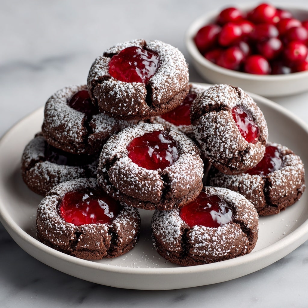 A white plate on a white marbled surface holds a pile of round chocolate cookies dusted with powdered sugar. Each cookie has a center filled with a shiny red cherry or red cherry jam. The cookies are stacked slightly unevenly, showing different layers of the chocolate base and the bright red centers. A small bowl filled with more red cherries sits nearby in the upper right corner. Photo taken with an iphone --ar 4:5 --v 7