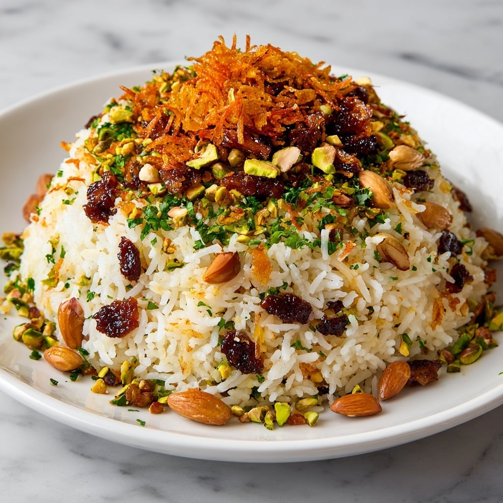 A large white plate filled with a mound of fluffy white rice mixed with small pieces of dark brown roasted nuts and raisins. The top of the rice mound is decorated with a colorful layer of bright orange fried onions, green chopped herbs, and scattered whole nuts like pistachios and almonds. The rice looks soft and well-cooked with a slightly shiny texture, while the toppings add crunchy and fresh textures. The whole scene is set on a white marbled background. Photo taken with an iphone --ar 4:5 --v 7