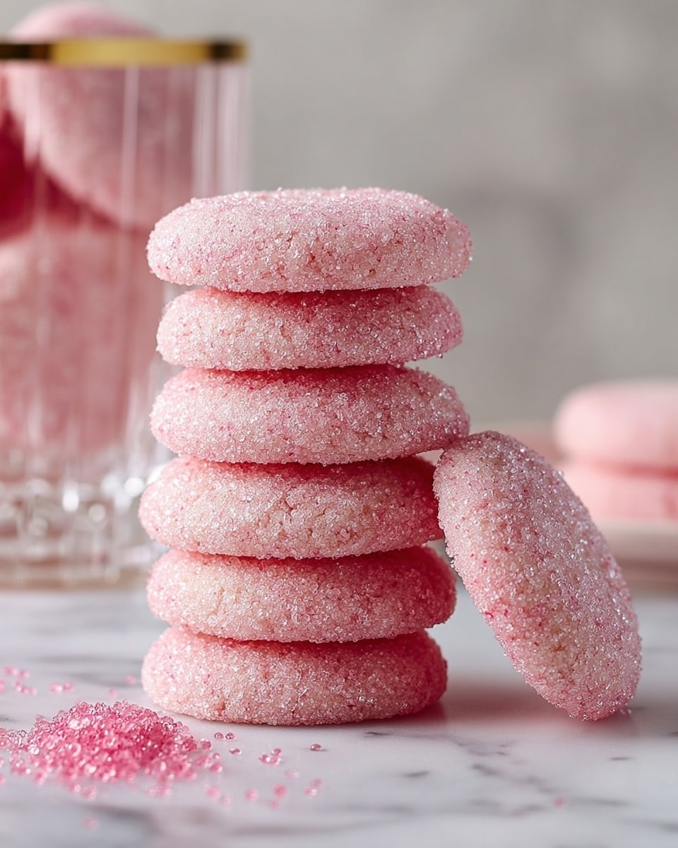 A stack of six round pink cookies with cracked surfaces covered in sparkling sugar crystals is arranged on a white plate, with one cookie leaning against the stack showing its full front. The cookies have a soft, slightly bumpy texture with visible sugar granules catching the light. The plate rests on a white marbled surface with scattered sugar crystals around it. In the softly blurred background, there is a glass with a pink drink. photo taken with an iphone --ar 4:5 --v 7