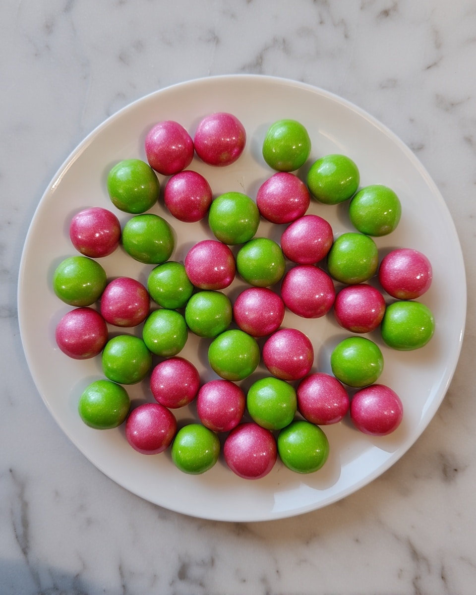 A white plate holds round candy balls arranged in a single layer, alternating between shiny pink and shiny green colors, creating a bright and colorful mix. The candies have a smooth, glossy texture and are neatly placed on a white marbled surface. Photo taken with an iphone --ar 4:5 --v 7