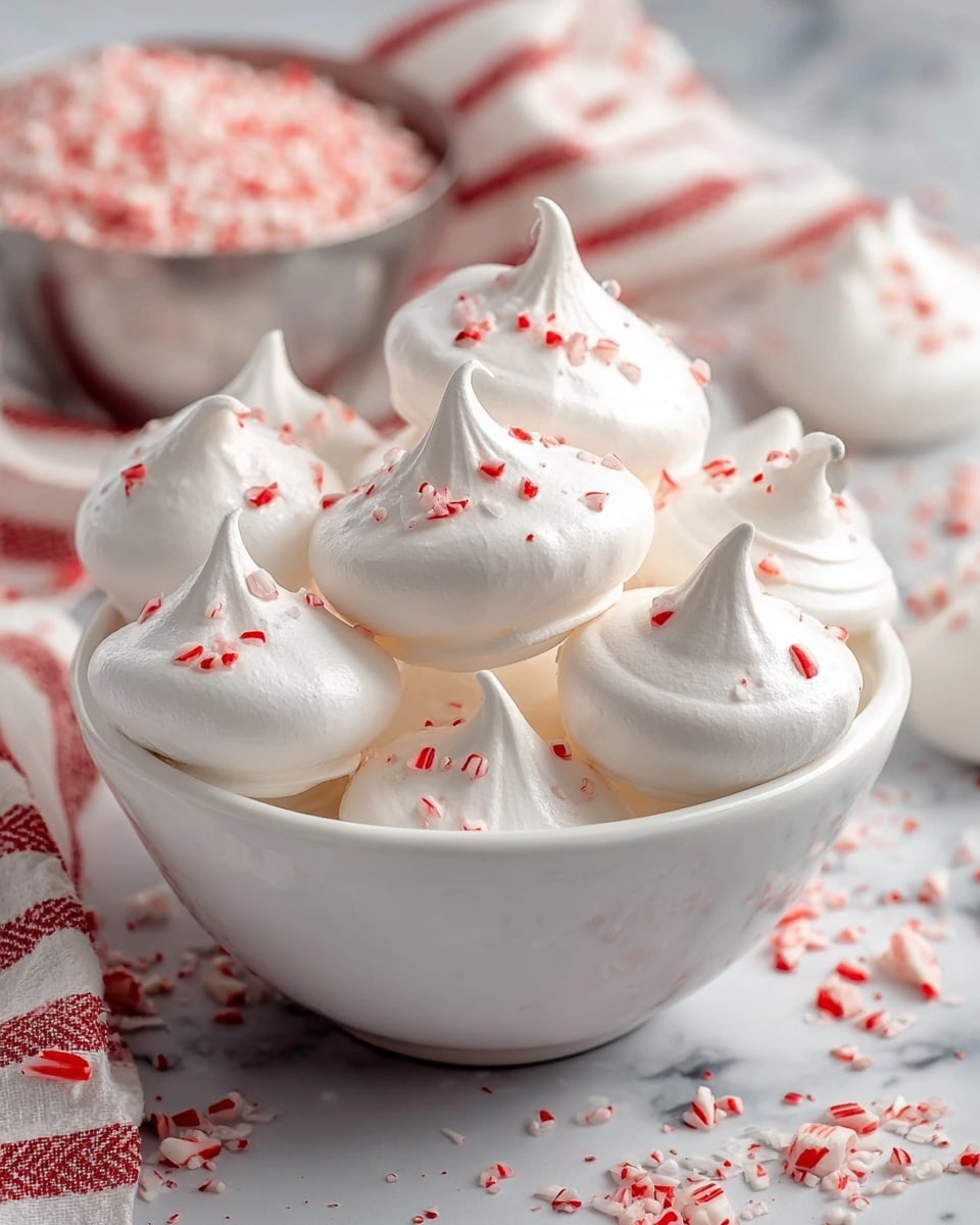 A white bowl filled with small, round white meringue cookies topped with bright red crushed candy pieces, creating a contrast of smooth, shiny white and textured red. The meringues are layered in the bowl, sitting close together with some candy pieces scattered on the white marbled surface around the bowl. In the background, a metallic cup is filled with more crushed red candy, and a white cloth with red stripes is partially visible, adding a soft, cozy touch. Photo taken with an iphone --ar 4:5 --v 7