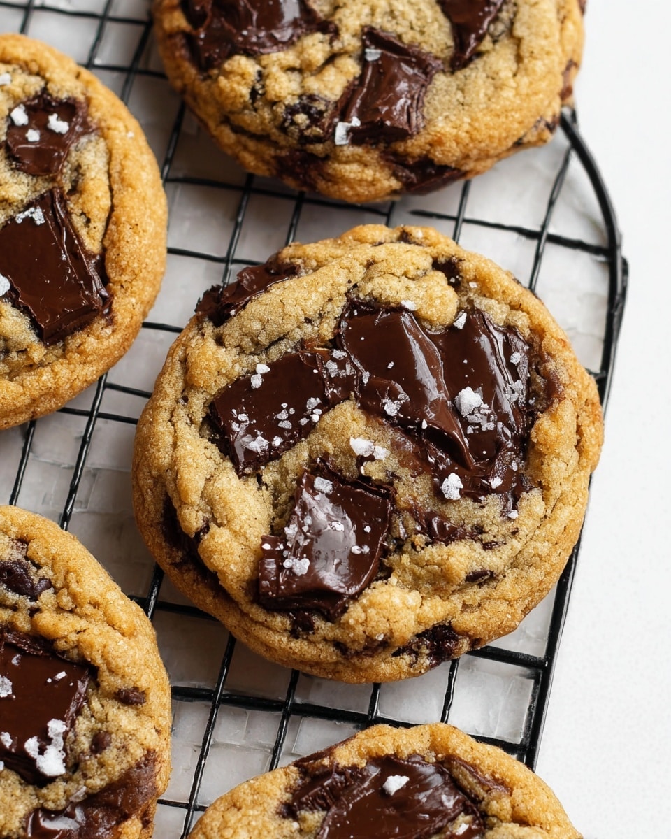 The image shows golden-brown cookies with a soft, slightly cracked texture, loaded with large, melted dark chocolate chunks on top. Each cookie has uneven patches of shiny, gooey chocolate spread across its surface, with some small bits of flaky sea salt sprinkled over them. The cookies rest on a black metal cooling rack placed on a white marbled texture, showing a close-up view of three cookies with rich, glossy chocolate and crumbly edges. Photo taken with an iphone --ar 4:5 --v 7