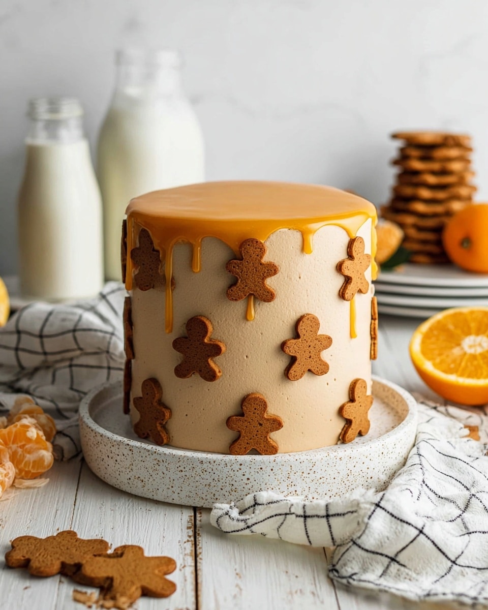 A tall round cake with smooth light brown frosting covers the whole cake, decorated with small gingerbread men cookies evenly spaced around the sides. The top layer is a glossy orange glaze that slightly drips down one side of the cake. The cake sits on a white plate with speckles. Around the cake, there are a few gingerbread cookies scattered on a white wooden surface with a white marbled texture. In the background, there are two bottles of milk, a bowl of oranges with one cut in half, and stacked gingerbread cookies. A white cloth with black grid lines is draped near the cake. photo taken with an iphone --ar 4:5 --v 7