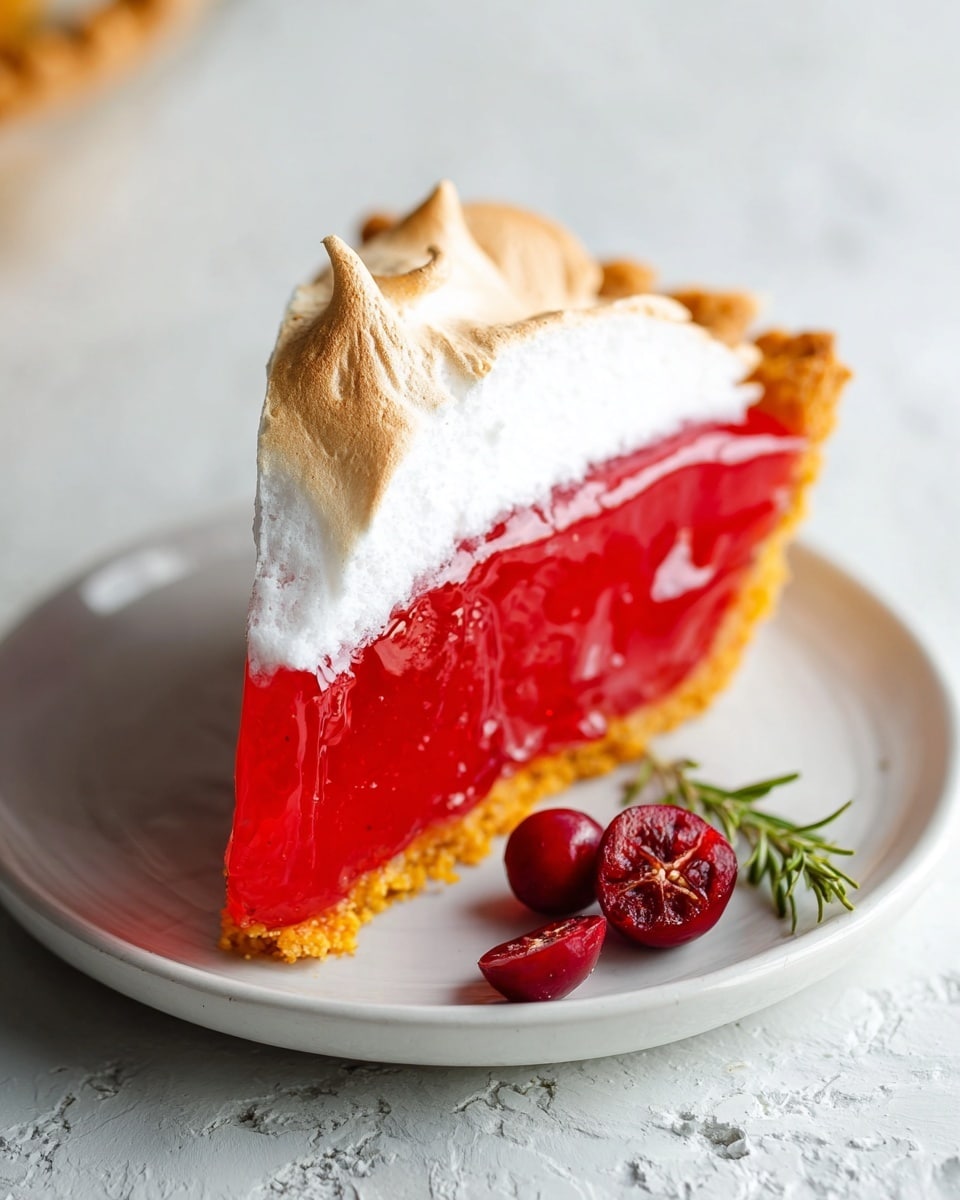 A single slice of pie stands on a white plate with a white marbled texture background. The bottom layer is a golden yellow crispy crust, thick and textured, forming a solid base. Above the crust is a thick, glossy bright red jelly-like filling that looks smooth and shiny. On the left side of the slice, there is a fluffy white toasted meringue layer that is soft with some light brown spots from toasting. Next to the pie slice on the plate, there are three fresh cranberries, one of them cut in half to show its star-shaped inside, alongside a small green rosemary sprig adding a touch of freshness. Photo taken with an iphone --ar 4:5 --v 7