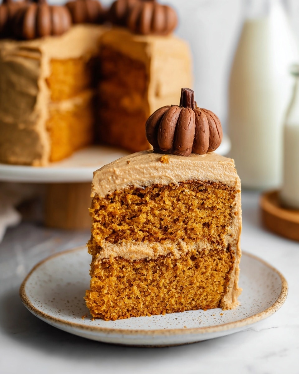 A slice of two-layer pumpkin cake with light brown frosting between the layers and covering the top and sides, placed on a white plate with a subtle speckled texture. On top of the cake slice is a small pumpkin-shaped decoration made of smooth, dark brown frosting with a pecan half as the stem. The cake texture looks soft and moist with a rich orange-brown color. In the blurred background, more cake slices with similar decorations are visible on a white marbled surface. A glass bottle of milk with a brown coaster is also faintly seen to the right. photo taken with an iphone --ar 4:5 --v 7
