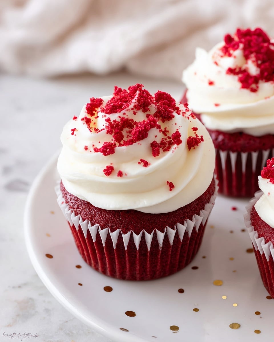 The image shows a close-up of a red velvet cupcake with three layers: the bottom layer is a deep red textured cake wrapped in a white paper liner, the middle layer is a thick, smooth white cream cheese frosting swirled on top, and the top layer consists of small, crumbly red cake bits sprinkled over the frosting. The cupcake is placed on a white plate on a white marbled surface, with blurred cupcakes and a soft background behind it. The lighting is bright and soft, highlighting the colors and textures clearly. photo taken with an iphone --ar 4:5 --v 7