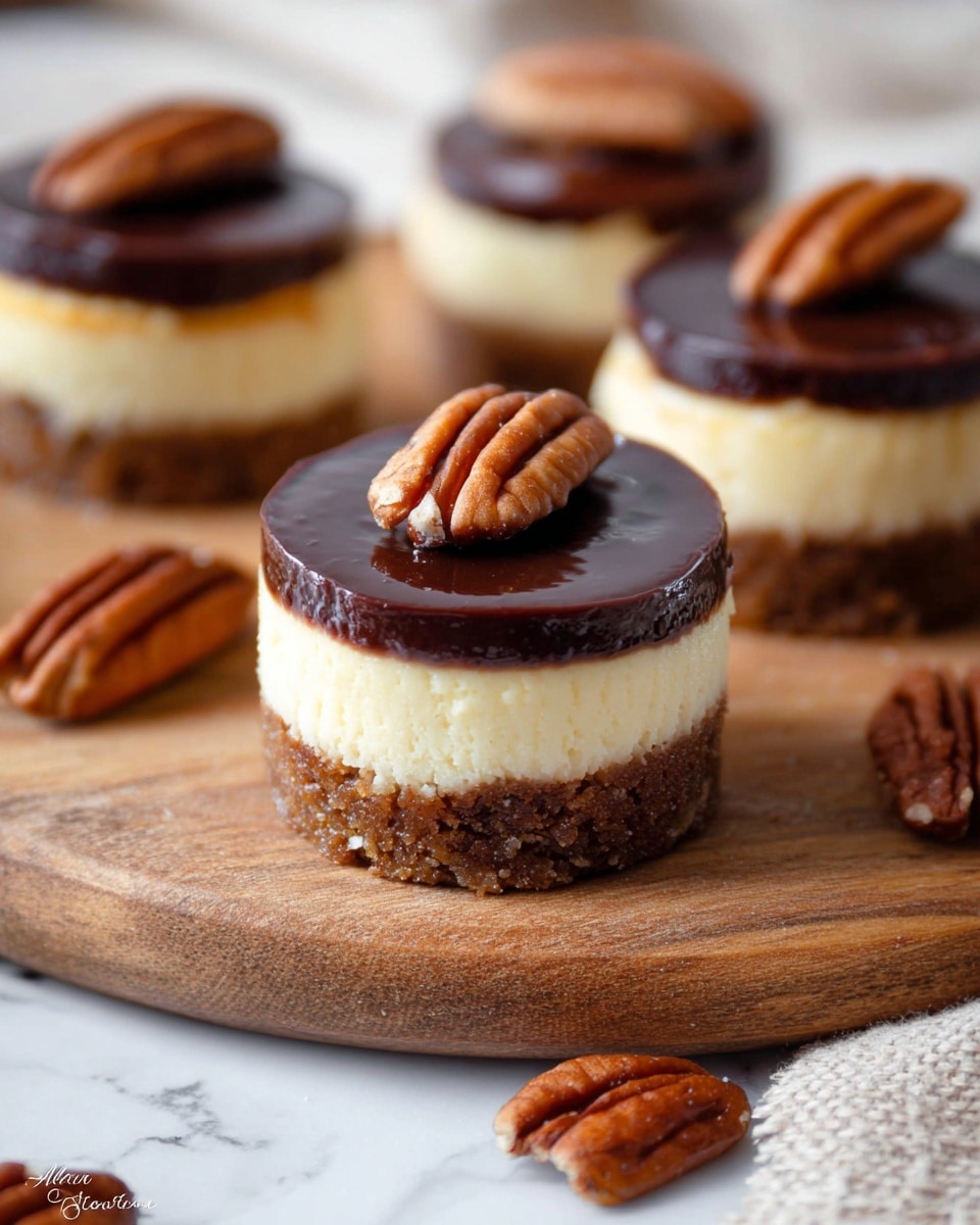 The image shows mini cheesecakes with three clear layers: a thick, crumbly brown base at the bottom, a smooth, creamy off-white cheesecake middle layer, and a shiny dark chocolate topping on top. Each cheesecake is round with a small pecan half placed neatly in the center of the chocolate layer. Several cheesecakes are on a wooden surface, with some pecan halves scattered around. The scene is softly lit, highlighting the textures and rich colors of the dessert against a white marbled background. photo taken with an iphone --ar 4:5 --v 7