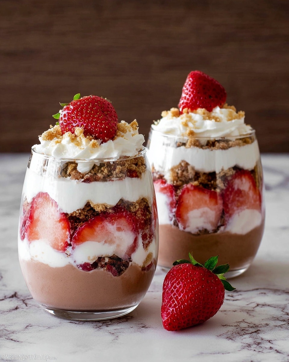 Two clear glass cups filled with five visible layers of dessert sit on a white marbled surface. The bottom layer is a smooth, light brown chocolate mousse. Above it is a layer of sliced red strawberries mixed with crushed light brown cookie crumbs. The middle layer is a thick, fluffy white cream, topped by another layer of light brown chocolate mousse mixed with strawberry pieces and more cookie crumbs. The dessert is finished with a thick topping of white whipped cream and a whole bright red strawberry centered on top. A red strawberry rests on the surface in front of the glasses. Photo taken with an iphone --ar 4:5 --v 7