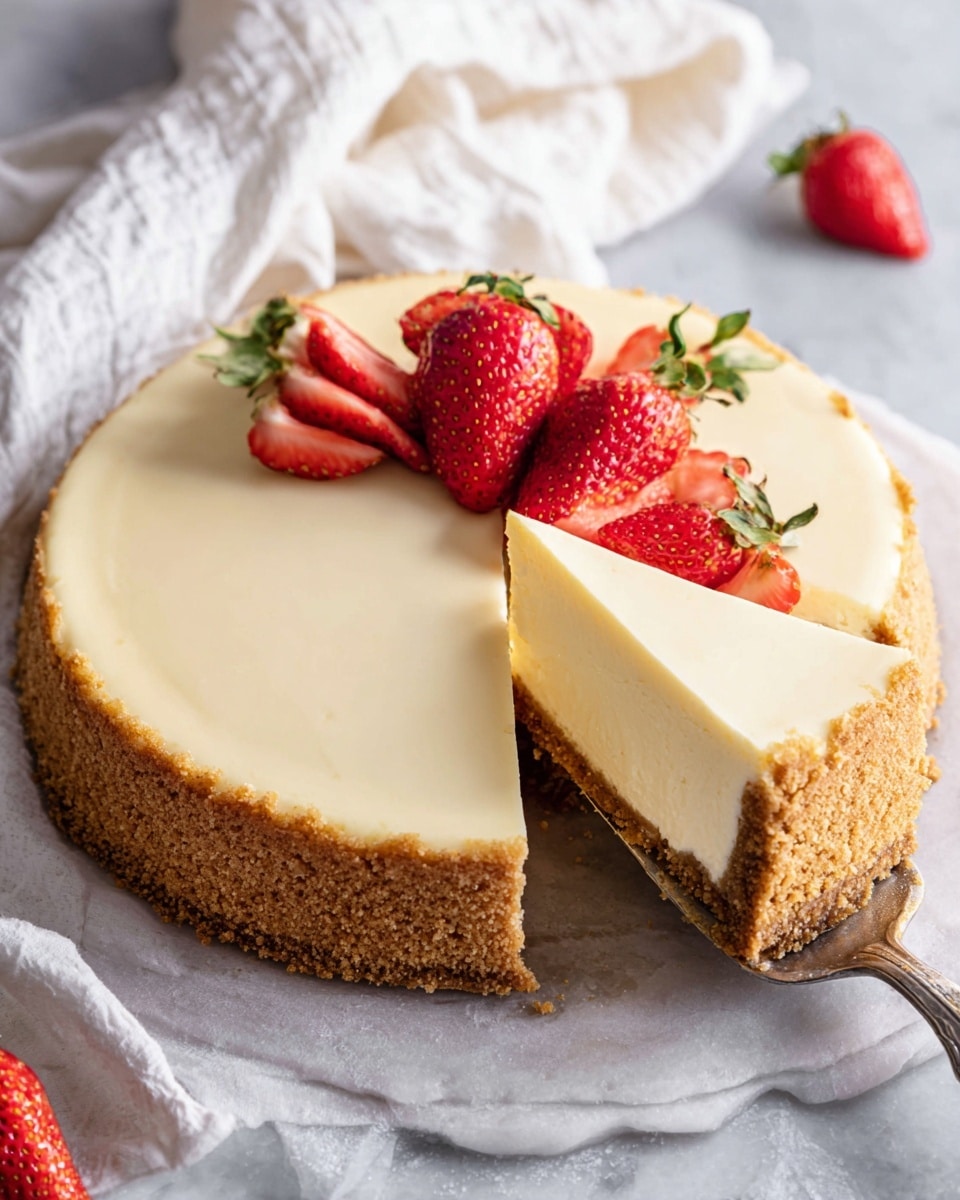 A creamy cheesecake with two layers is shown, where the top layer is smooth and pale yellow, and the bottom layer is a thick, golden-brown crumb crust that goes up the sides evenly. On top of the cheesecake, there are five bright red strawberries with green leaves, some whole and some sliced in half, arranged near the edge. One slice has been lifted slightly out of the white-lined pan with a metal spatula, revealing the clean, sharp edges of the cheesecake. The cheesecake rests on a white marbled surface, with a white cloth folded nearby and a single strawberry in the blurred background. Photo taken with an iphone --ar 4:5 --v 7