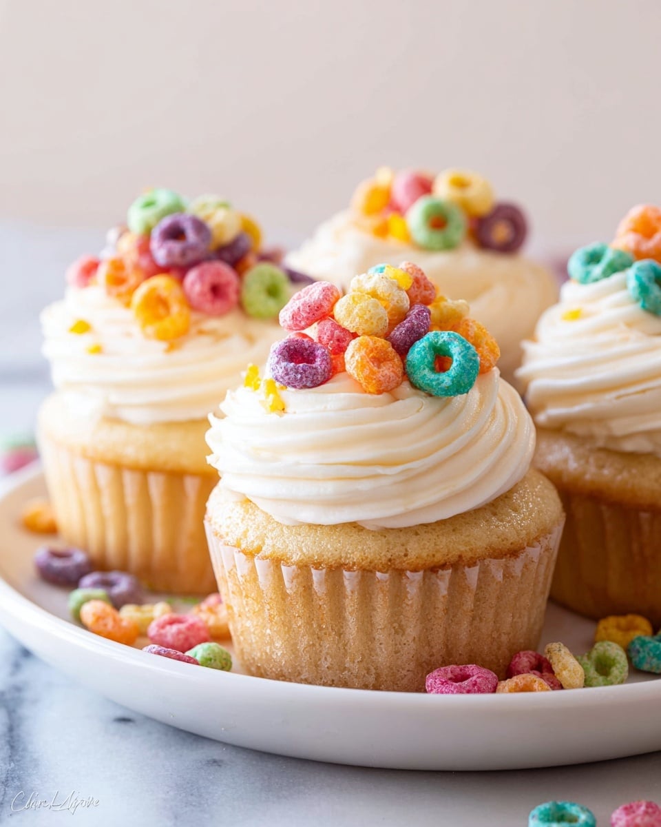 A close-up of three cupcakes placed on a round white plate, sitting on a white marbled surface; each cupcake has one light golden-brown base layer with a soft texture visible through the translucent cupcake liner, topped with a thick swirl of creamy white frosting, and finished with a colorful cluster of small round cereal pieces in pink, orange, yellow, green, purple, and blue on top and a few scattered around the plate edge, photo taken with an iphone --ar 4:5 --v 7