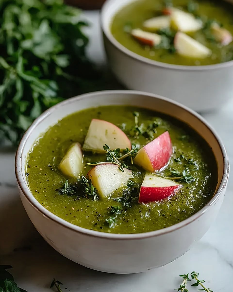 A white bowl holds a thick, green soup with a smooth but slightly textured surface, topped with several chunky pieces of apple showing red skin and pale flesh, and small sprigs of fresh green herbs carefully scattered on top. The bowl is placed on a white marbled surface, with some fresh green herbs blurred in the background and a second similar bowl partially visible behind the first. photo taken with an iphone --ar 4:5 --v 7