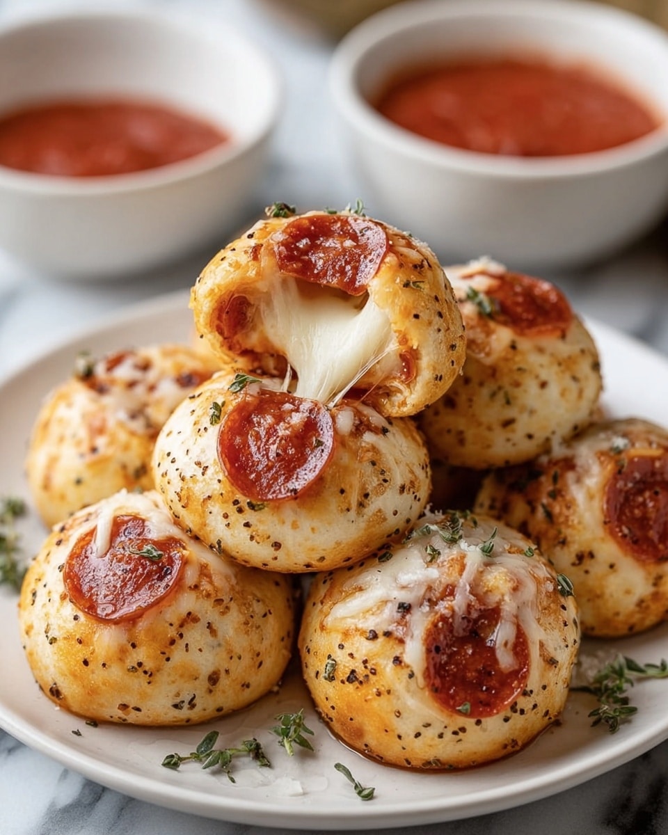 A white plate holds seven small, round pizza bites with a golden-brown outer dough layer sprinkled with herbs and spices. Each bite is topped with a small, dark red slice of pepperoni and shredded melted cheese that is slightly toasted. One of the pizza bites is broken open, revealing a gooey, stretchy middle layer of white melted cheese and a hollow red sauce layer inside. Tiny green herb sprigs are scattered around the plate edges. In the soft focus background, a gray bowl of smooth red marinara sauce sits on a white marbled surface. Photo taken with an iphone --ar 4:5 --v 7