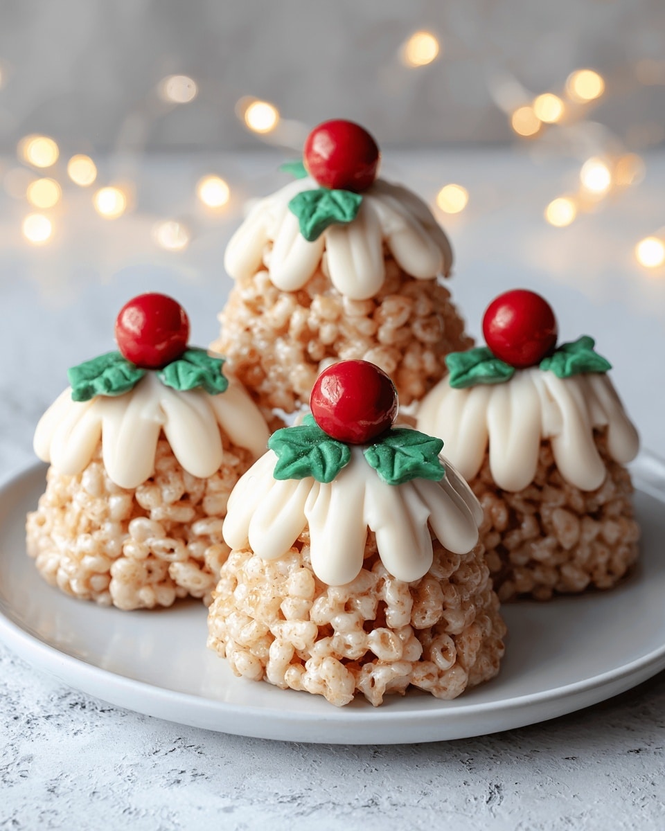 Four small dome-shaped treats made of puffed rice cereal held together by a light brown syrup, stacked on a simple white plate. Each treat has a decorative top layer of white icing shaped like dripping frosting with three rounded peaks, beneath which are three small green leaves made of icing. Sitting on top of the leaves is a shiny red round candy. The background shows diffuse warm white lights and a white marbled textured surface. photo taken with an iphone --ar 4:5 --v 7