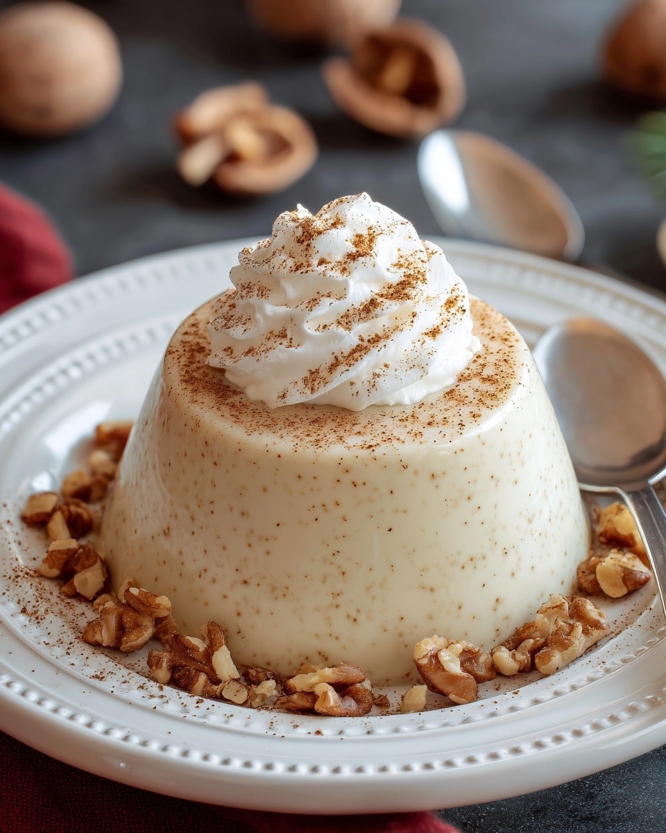 A creamy, smooth pudding shaped like a small dome sits in the center of a white plate with a detailed rim. The pudding is pale beige with tiny brown specks and is topped with a fluffy swirl of white whipped cream dusted with brown spice powder. Around the base of the pudding on the plate are small pieces of chopped walnuts, adding texture and color contrast. In the background, blurry walnuts are visible. The setting is on a white marbled surface with a spoon resting on the right side of the plate. Photo taken with an iphone --ar 4:5 --v 7