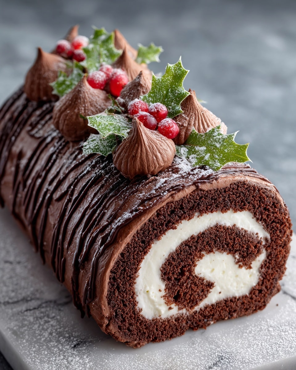 A single chocolate cake roll is displayed on a white marbled surface dusted with powdered sugar. The cake has two main layers visible in the cross-section: a dark brown, soft and moist chocolate sponge layer rolled tightly around a creamy white filling. The outside is thickly coated in smooth chocolate frosting with a slightly glossy texture, decorated on top with small swirls of darker chocolate cream. Bright red berries and green leaves dusted lightly with powdered sugar are arranged on the top of the cake as festive garnishes. A drizzle of chocolate sauce runs across the top layer, adding a shiny finish. Photo taken with an iphone --ar 4:5 --v 7