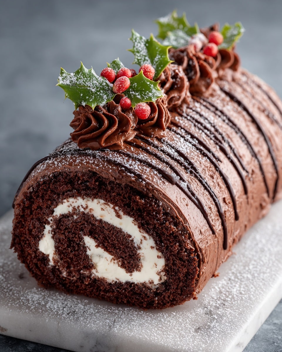 A chocolate roll cake is shown resting on a white marbled texture. The cake has two main layers: a dark brown, soft-looking chocolate sponge cake rolled around a thick, creamy white filling. The outside of the roll is covered with a smooth chocolate frosting, drizzled with darker chocolate lines. On top, there are dollops of chocolate cream along the center, bright red berries scattered, and green festive leaves dusted with powdered sugar, which also lightly covers the surface around the cake. photo taken with an iphone --ar 4:5 --v 7
