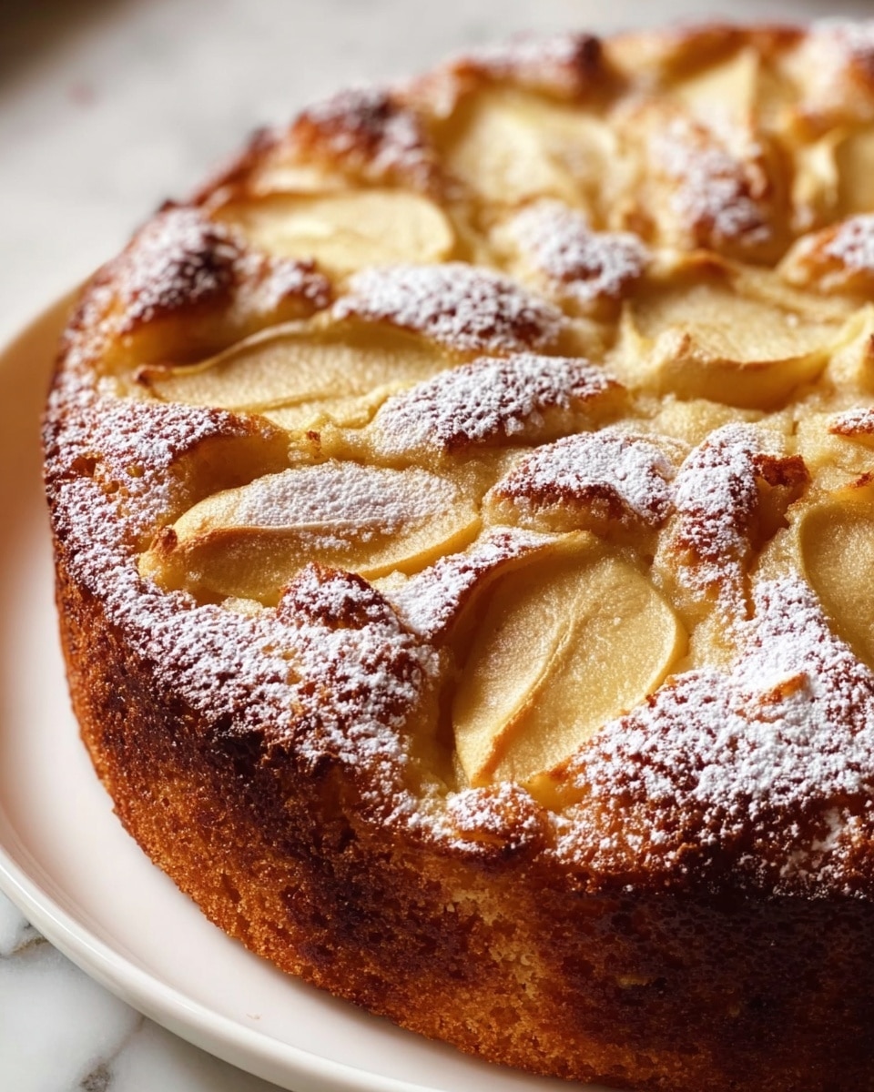 A close-up view of a round apple cake on a white plate, showing a single thick layer with golden brown edges and soft, pale yellow inside. The cake top has thin, curved slices of baked apple arranged in a flower-like pattern, slightly sunken into the cake, with a light dusting of white powdered sugar covering the whole surface. The texture looks moist and crumbly with a slightly crispy crust on top. The background is a white marbled surface photo taken with an iphone --ar 4:5 --v 7