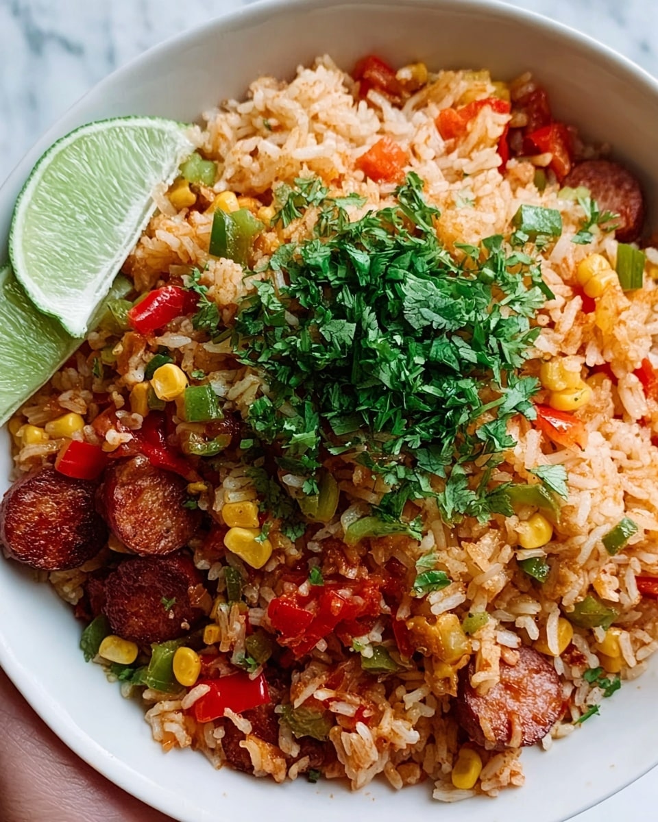 A close-up view of a white bowl filled with cooked rice mixed with small pieces of sausage, red and green bell peppers, and corn kernels. The rice is orange-brown, suggesting it is seasoned or fried, with finely chopped green herbs sprinkled on top as a garnish. A wedge of lime is placed on the side of the bowl. The bowl sits on a white marbled surface. photo taken with an iphone --ar 4:5 --v 7