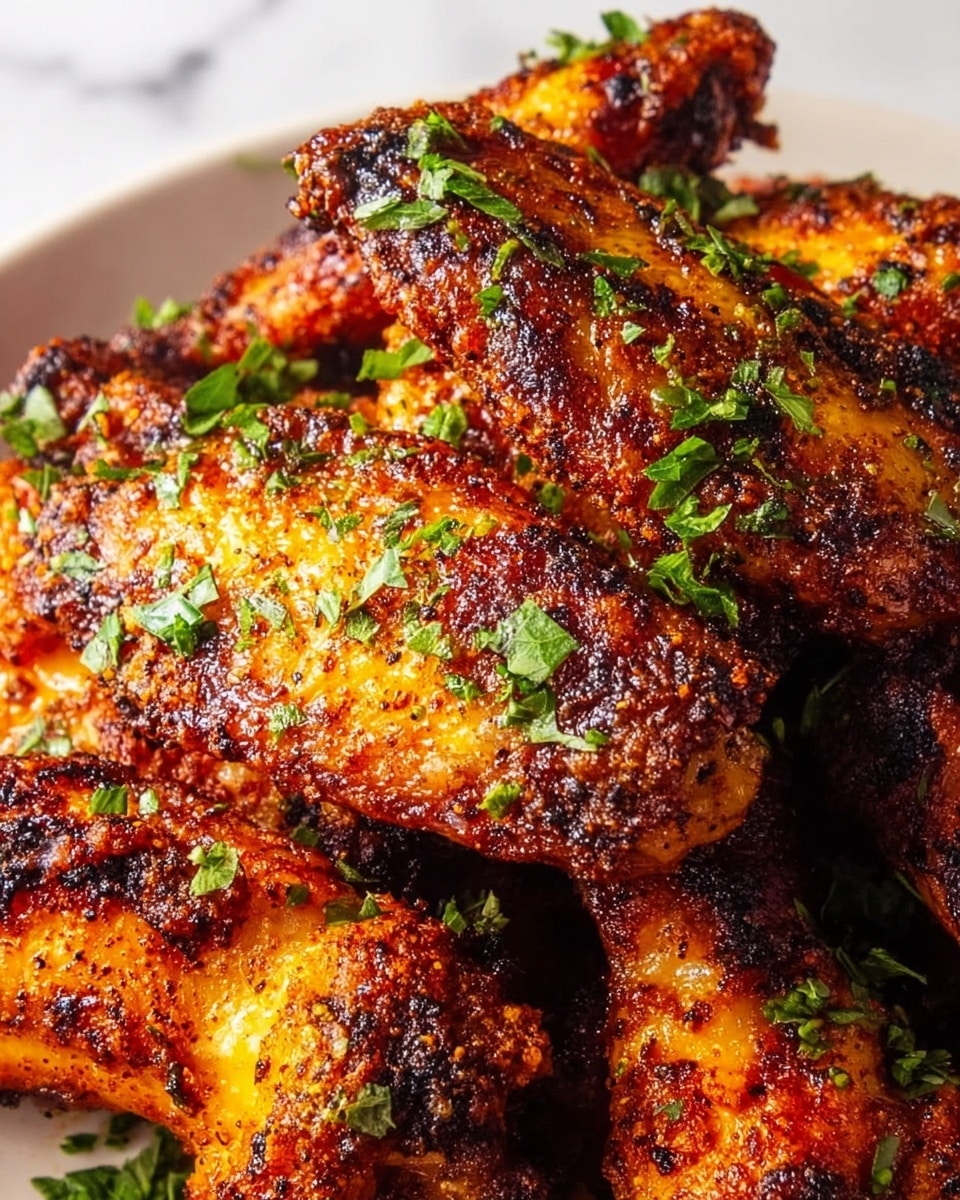 A close-up view of multiple crispy, grilled chicken wings stacked together, each wing covered in a dark reddish-brown spice rub with visible char marks and sprinkled with fresh, bright green chopped herbs. The textured skin looks crunchy with a mix of darker burnt spots and vibrant orange shades. The background features a white marbled surface, enhancing the rich colors of the wings. photo taken with an iphone --ar 4:5 --v 7