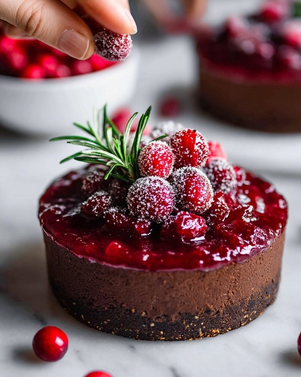 A round dessert with three clear layers sits on a white marble surface: the bottom layer is a firm dark brown chocolate crust, the middle layer is a smooth and dense dark chocolate filling, and the top layer is a thick, glossy bright red berry sauce with visible pieces of berries. On top of this sauce sits a small bunch of red cranberries dusted with white sugar, mixed with green rosemary sprigs. A woman's hand is placing another sugared cranberry on the top, adding detail to the decoration. In the blurred background, there is a white bowl filled with more sugared red berries. photo taken with an iphone --ar 4:5 --v 7