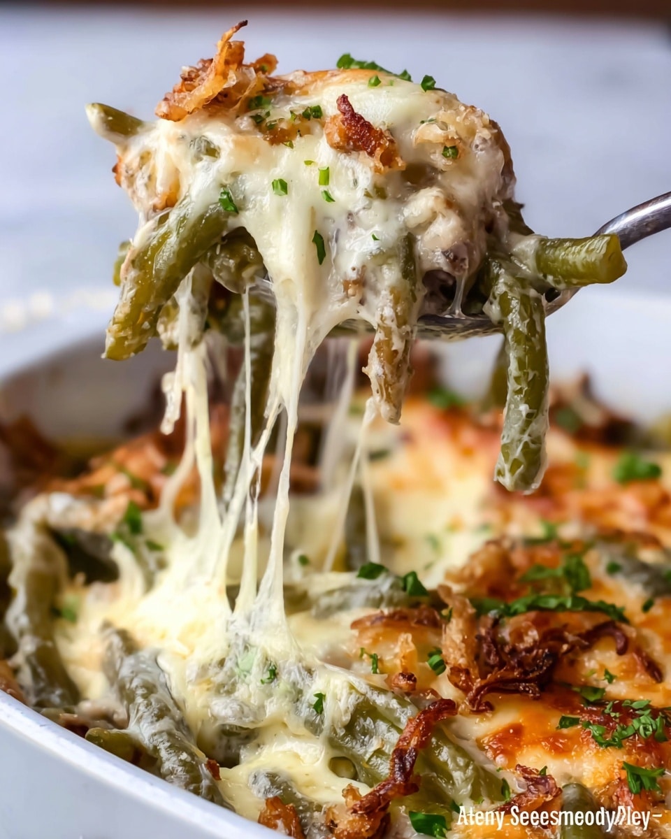 A close-up shows a spoon lifting a cheesy green bean casserole from a white dish on a white marbled surface. The casserole has two main layers: a base layer of tender dark green beans and a thick melted layer of gooey, white to light golden cheese on top. The cheese stretches in long gooey strands from the dish to the spoon. Small bits of browned crispy onions and scattered green herb pieces add texture and color on top of the cheese. The green beans have a slightly wrinkled texture, some browned spots, and are mixed evenly under the melted cheese layer. Photo taken with an iphone --ar 4:5 --v 7
