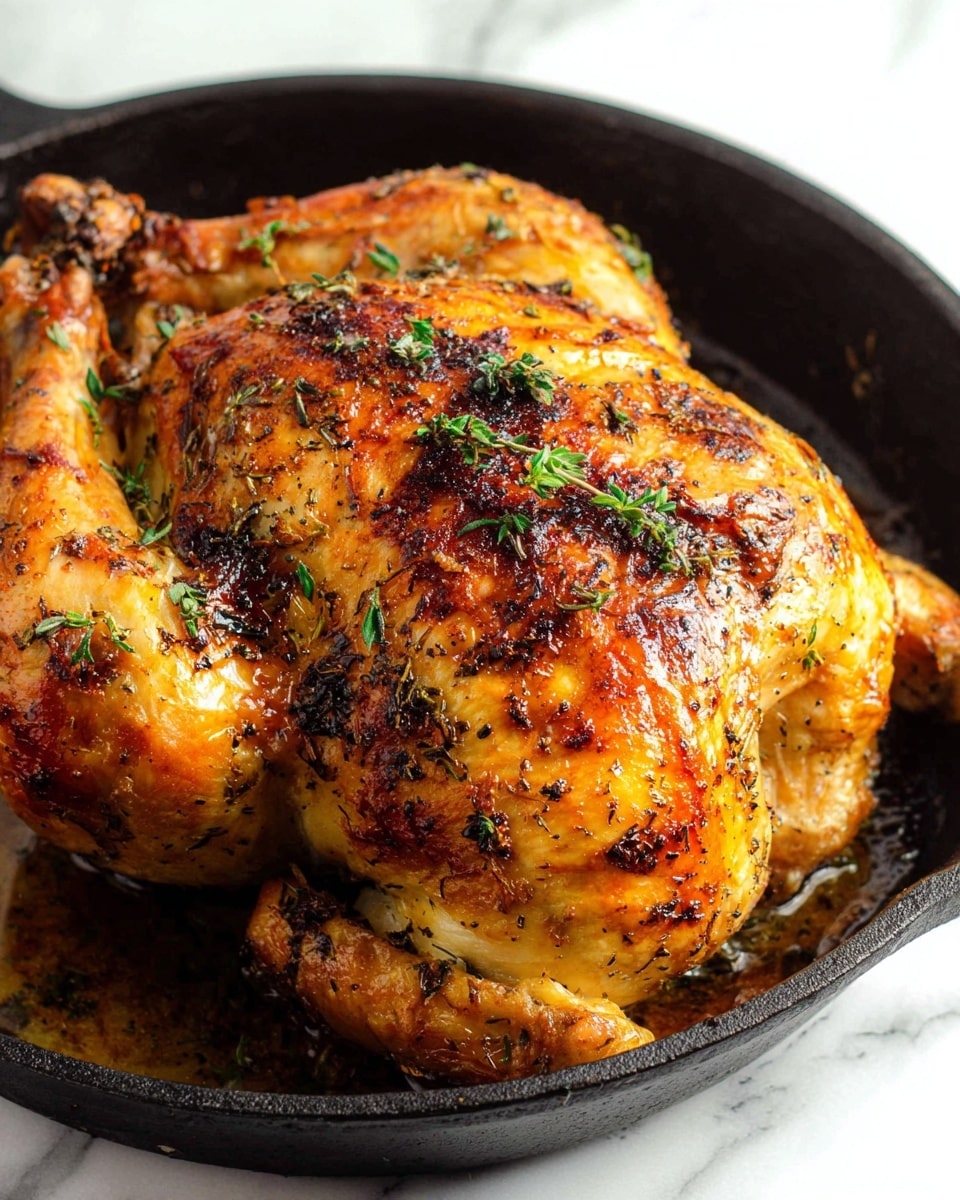 A whole roasted chicken with golden brown, crispy skin sits in a black cast iron pan on a white marbled surface. The chicken is richly seasoned with visible specks of herbs and black pepper spread evenly across its surface. The skin shows a mix of shiny, slightly oily textures with charred areas that add a deep brown contrast to the lighter golden yellow tones. Garnished lightly with fresh green herbs, the chicken fills the pan, with its plump wing and leg edges tucked close. The overall look is warm, inviting, and perfectly cooked, highlighted by the natural shine and color variations of a well-roasted bird. photo taken with an iphone --ar 4:5 --v 7