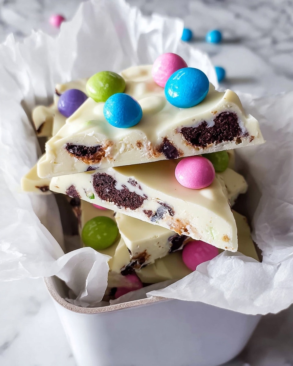 The image shows broken pieces of white chocolate bark with a visible dark brown cookie layer inside. The white chocolate layer is smooth and creamy, covering the whole top and bottom of each piece. Bright, round candy-coated chocolates in blue, pink, green, and purple colors are scattered on the top layer, adding a colorful contrast. The pieces are placed inside a white container lined with white parchment paper, all set on a white marbled textured surface. photo taken with an iphone --ar 4:5 --v 7