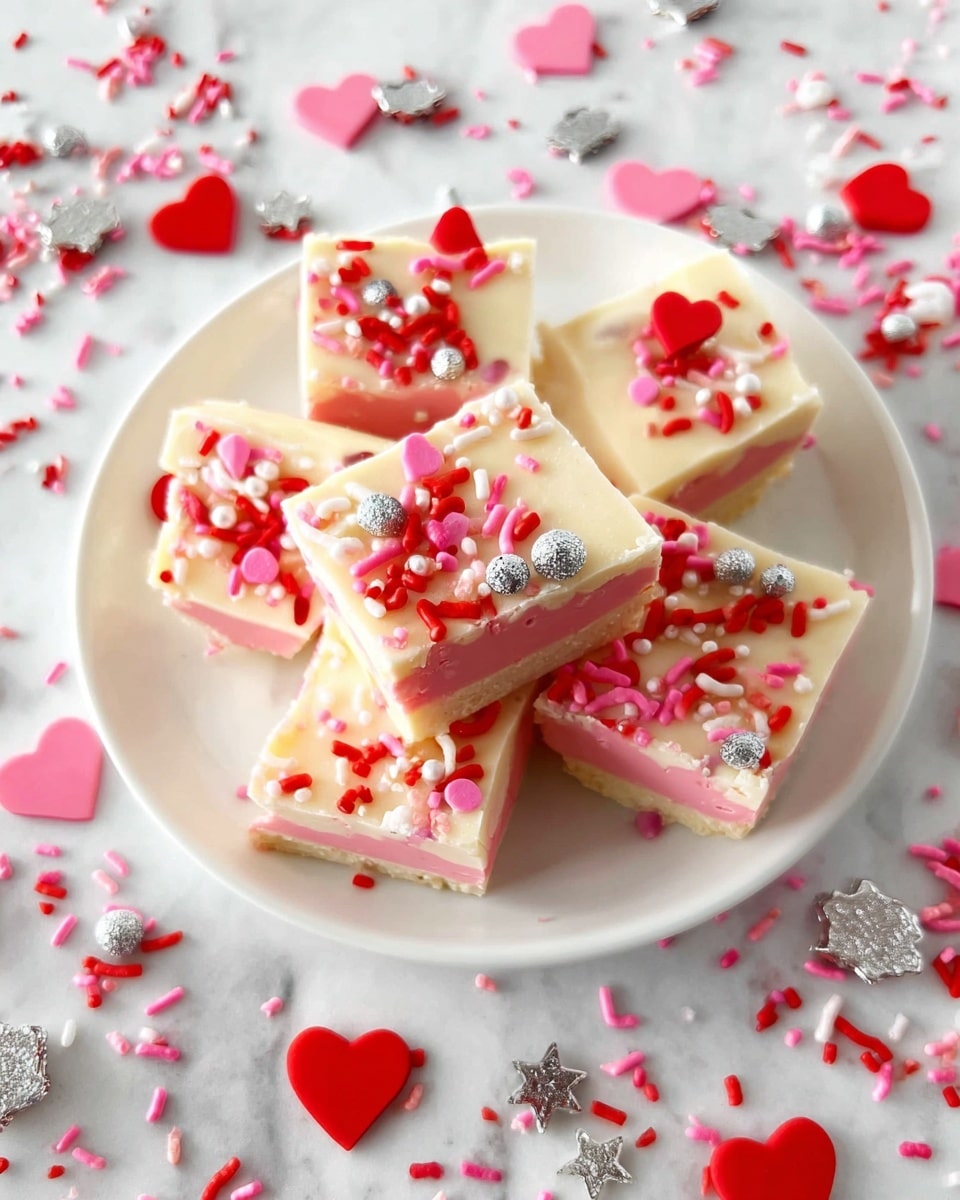 A white plate holds six square pieces of festive fudge, each with two visible layers: a smooth creamy white layer on top and a pink layer underneath. The top of each fudge piece is decorated with colorful sprinkles, including red heart shapes, pink and red jimmies, silver star-shaped sprinkles, and round silver, white, and pink pearls, adding bright pops of color and texture. The plate sits on a white marbled surface, which is scattered with matching red hearts, pink and red jimmies, and silver stars, creating a lively and cheerful scene. photo taken with an iphone --ar 4:5 --v 7
