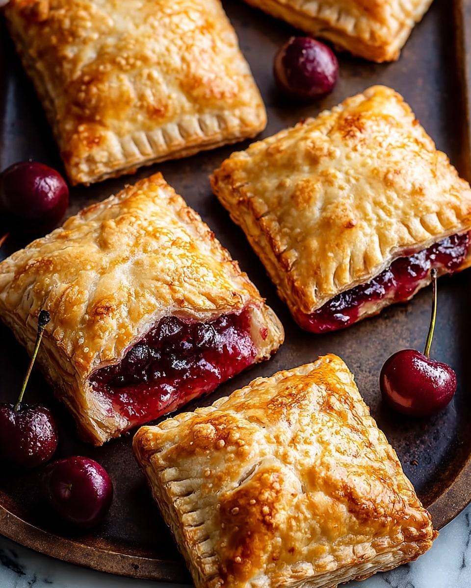The image shows six golden-brown square pastries with a shiny, flaky crust on a dark baking tray, placed on a white marbled surface. Each pastry has two layers: the top and bottom flaky crust with a light to medium golden color and a rough, cracked texture, and a thick, deep red cherry filling that is visible where one pastry near the front is cut open, showing the glossy, chunky texture of the cherries inside. Around the pastries are a few whole dark red cherries that have a smooth, shiny skin. The edges of the pastries are pinched with a fork creating a patterned border. photo taken with an iphone --ar 4:5 --v 7
