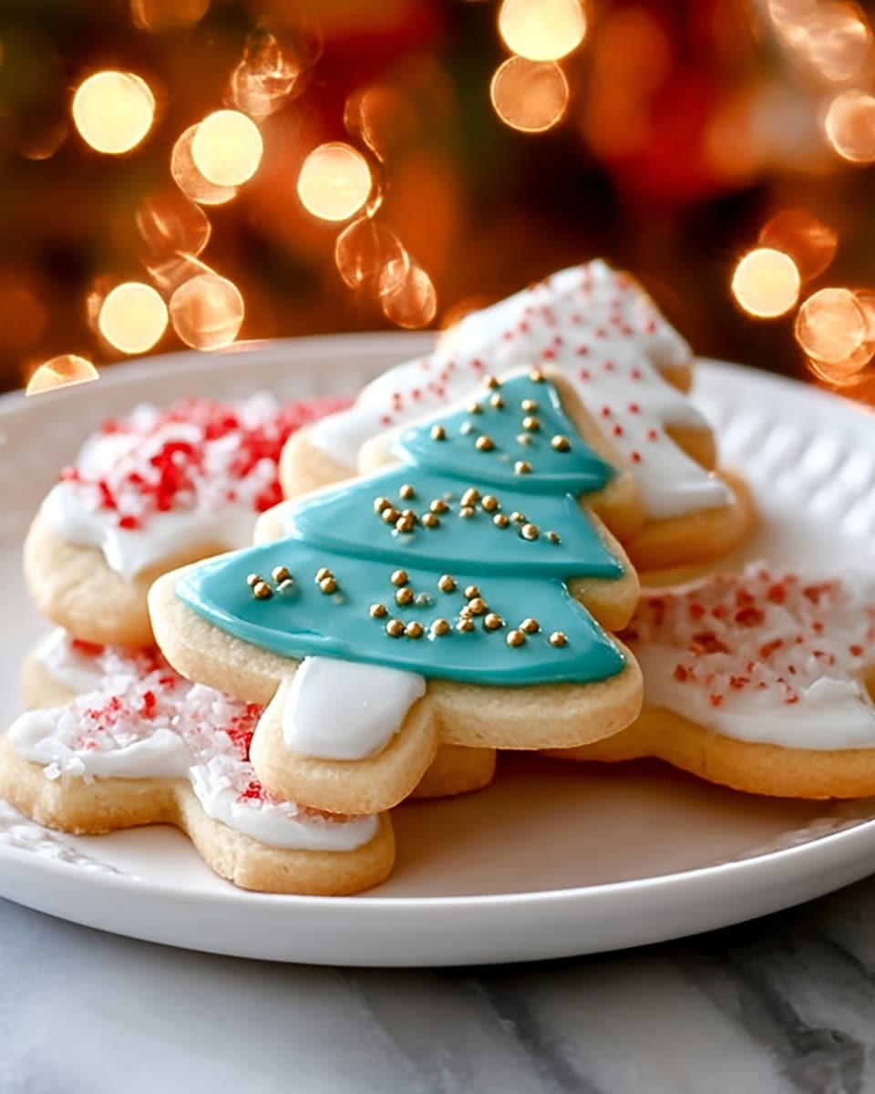 A white plate holds a small pile of decorated sugar cookies. The top cookie is shaped like a Christmas tree with three layers: the base layer is a pale golden cookie, covered with a smooth white icing, and a teal blue icing forming three segments on top. Small gold round sprinkles are spread on the blue parts. Other cookies underneath are decorated with white icing and red or white small sugar crystals. The background is a soft blur of warm, glowing holiday lights on a white marbled texture. photo taken with an iphone --ar 4:5 --v 7