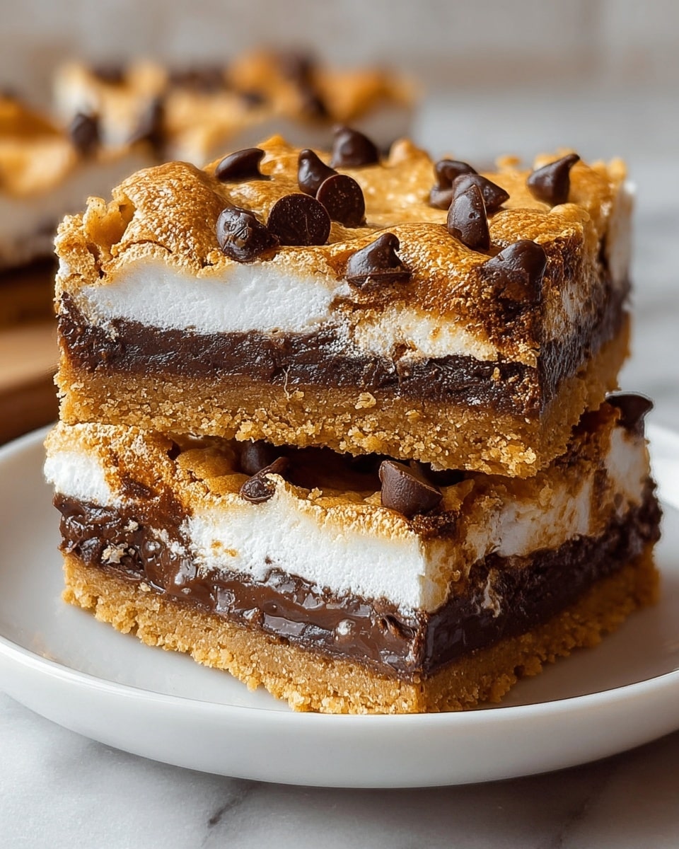 The image shows two stacked dessert bars on a white plate against a white marbled texture. Each bar has four clear layers: a bottom layer of crumbly golden-brown graham cracker crust, a thick dark brown chocolate layer, a fluffy white marshmallow layer, and a gooey golden-brown baked topping studded with dark chocolate chips. The surface of the top bar is uneven with some areas puffed and cracked, revealing the soft layers beneath. Some melted chocolate chips are visible on top, adding texture and contrast. Photo taken with an iphone --ar 4:5 --v 7