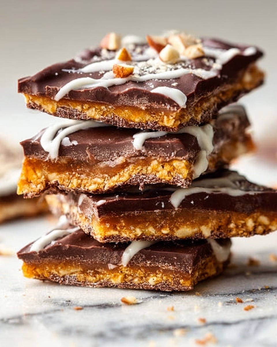 A white bowl lined with crinkled white paper holds several pieces of chocolate bark. Each piece is a single thick layer of glossy dark brown chocolate topped with small crushed tan nuts and drizzled with thin white chocolate lines. The bark pieces are irregular in shape with crunchy textures from the nut pieces on top. Some crumbs of chocolate and nuts are scattered loosely around the bowl on a white marbled surface. photo taken with an iphone --ar 4:5 --v 7