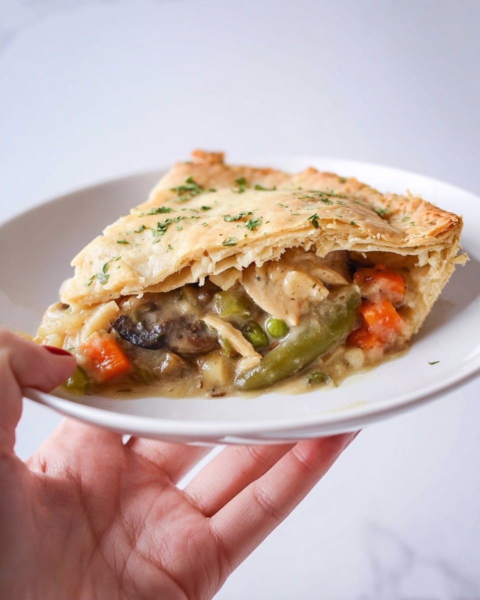 A white plate holds a thick slice of vegetable pot pie being held by a woman's hand. The pot pie has two layers of crust, the top layer is golden and flaky with small bits of green herbs sprinkled on it. Underneath, the filling has three visible layers made of cooked vegetables: big chunks of orange carrots, green beans with a slightly shiny texture, and smaller pieces of light brown mushrooms all mixed in a creamy sauce with a light beige color. The background is a smooth white marbled texture. photo taken with an iphone --ar 4:5 --v 7