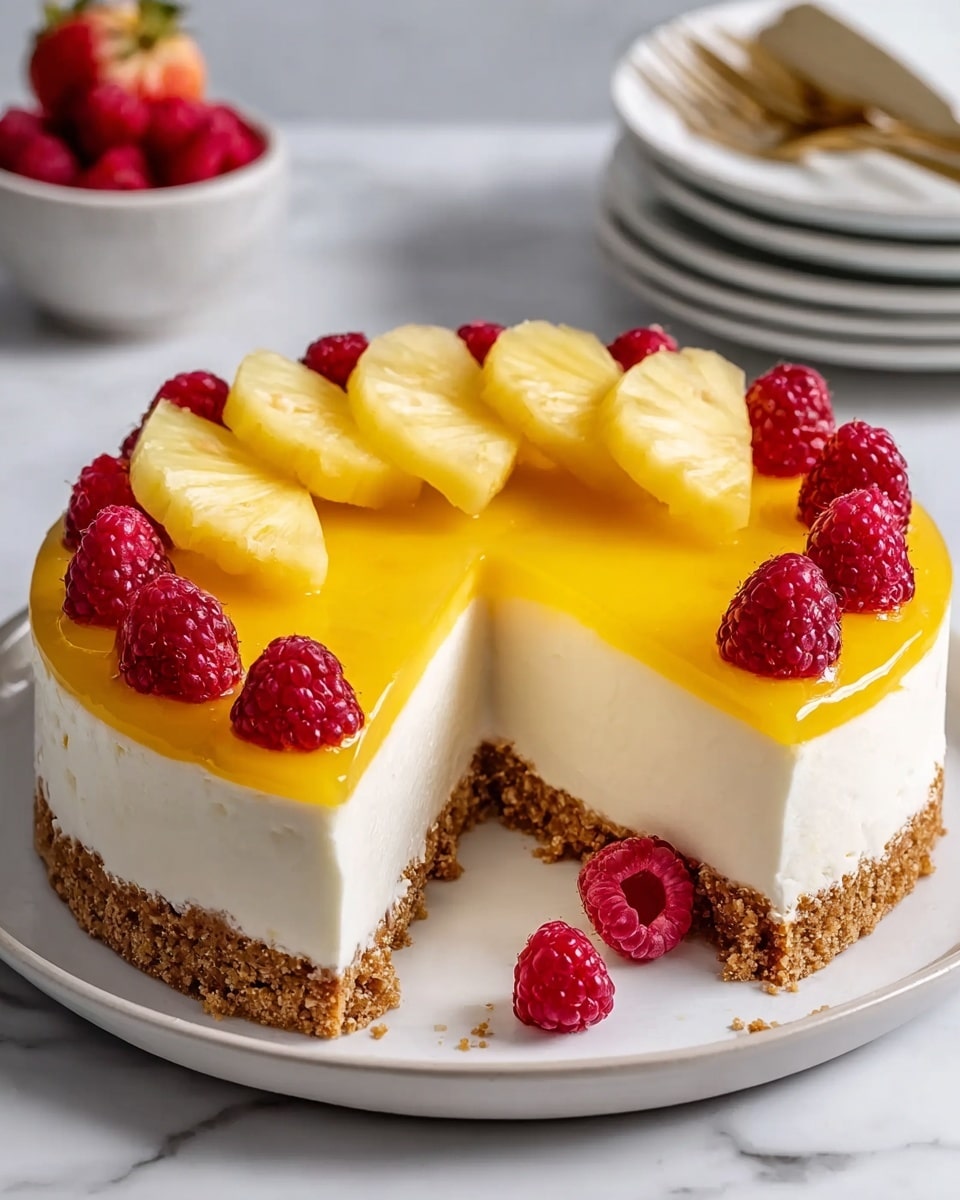 A three-layered round cheesecake sits on a white plate, placed on a white marbled texture. The bottom layer is a crumbly, light brown crust. Above it is a thick, smooth white creamy layer. The top layer is a shiny, bright yellow glaze, decorated with fresh pineapple slices arranged in a semi-circle and plump, red raspberries evenly spaced around the edge. A slice is cut out, showing the layers clearly, and some raspberries lie near the cut. In the blurred background, there are stacked white plates with gold utensils and a raspberry on top. Photo taken with an iphone --ar 4:5 --v 7